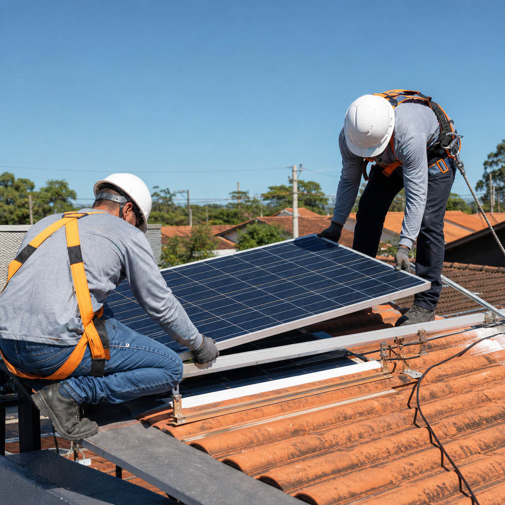 Instalação de painel solar em telhado residencial